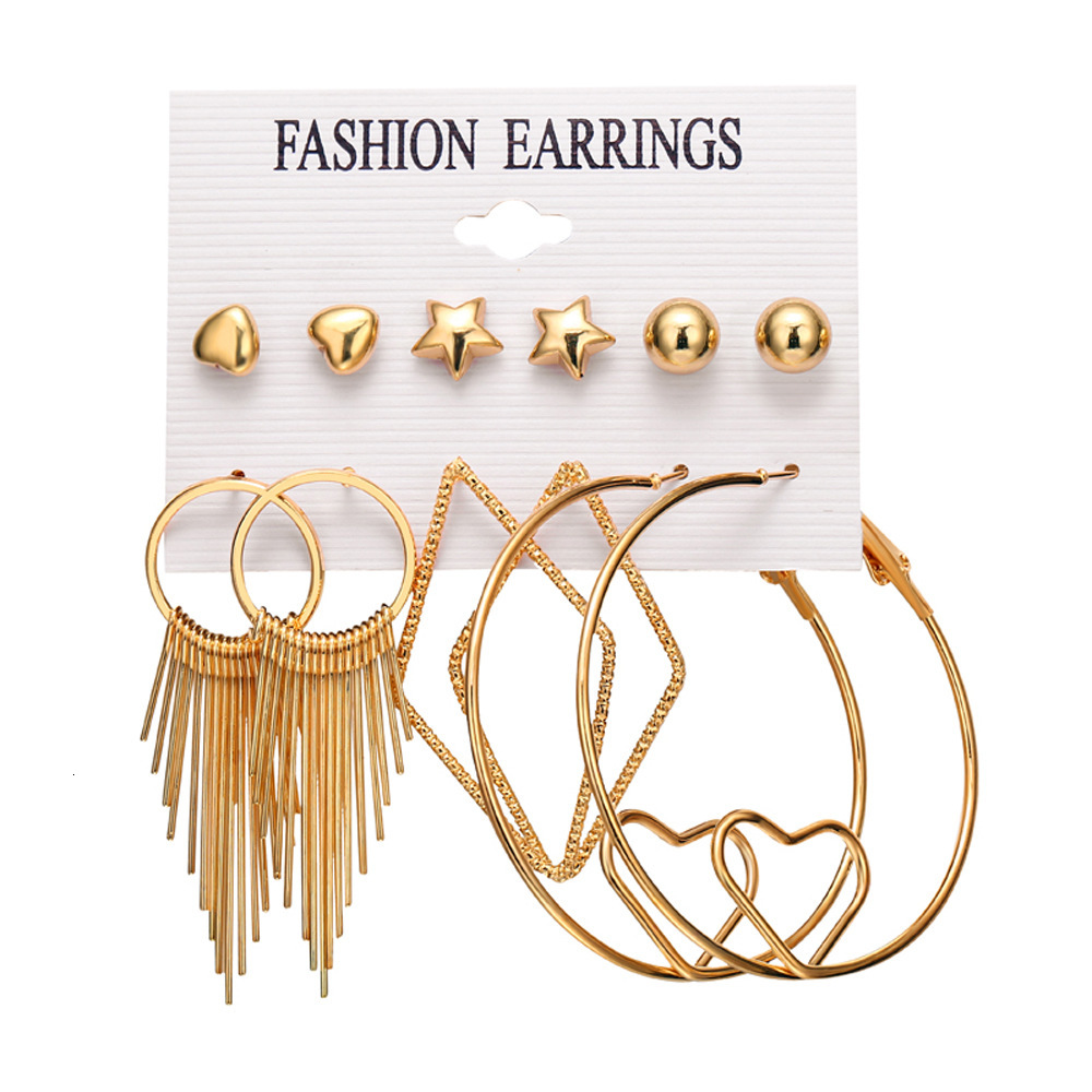 

charms earrings f1635 hanzhishang creative punk style big circle tassel 6 pair set, Golden