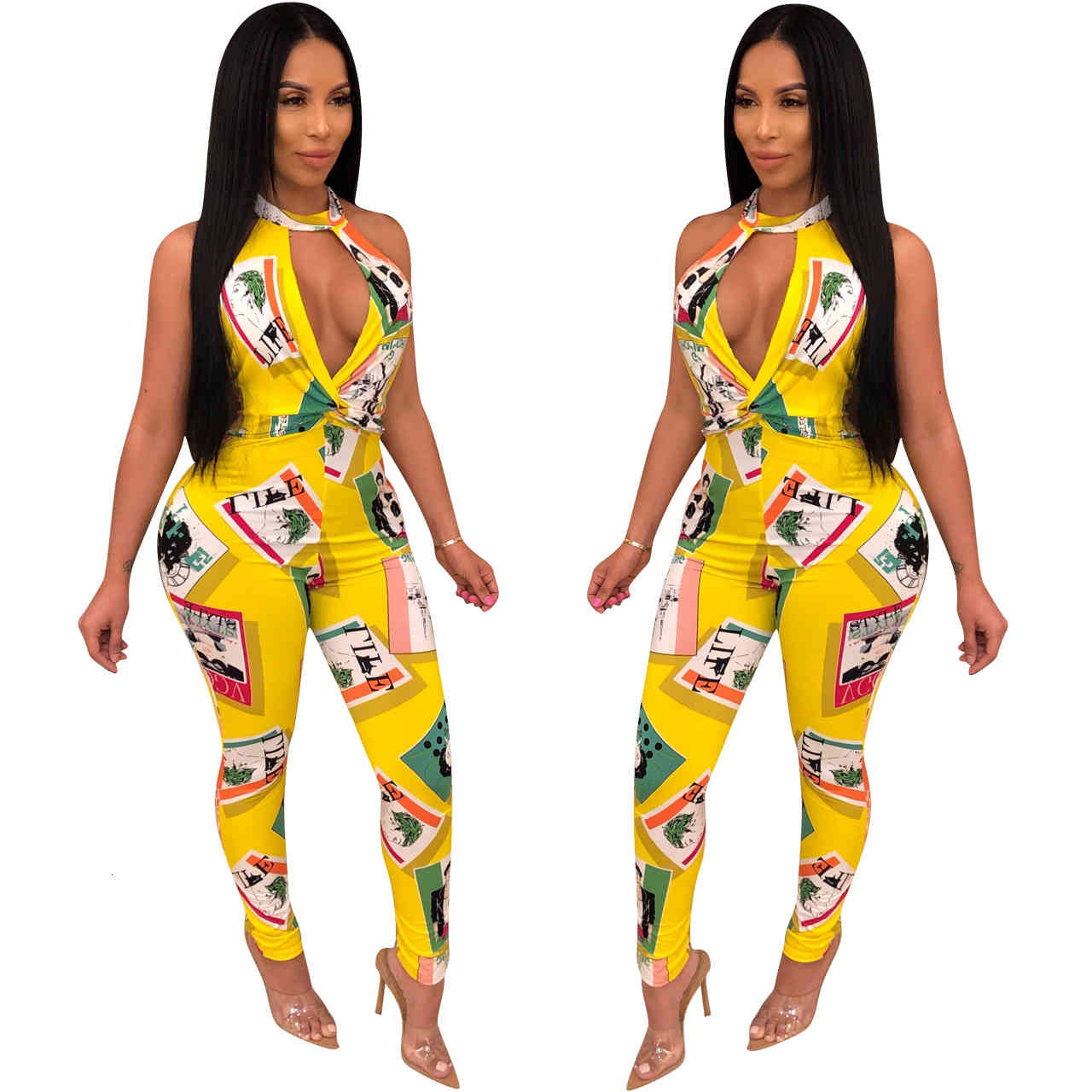 Yellow Pattern Printing ny Jumpsuits for Women Sexy Hollow Out Halter Neck Sleeveless Backless Full Length Casual Party Rompers-image-680607944