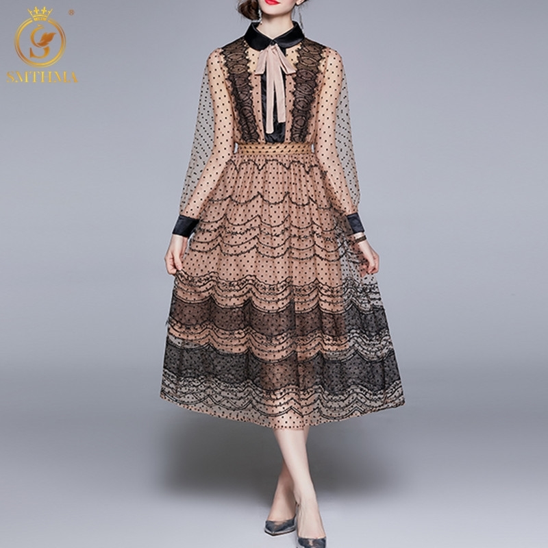 

Fashion Runway Mesh Mid-Length Dress Robe Women Long Sleeve Elegant Bow Collar Party Dresses Vestidos 210520, Photo color