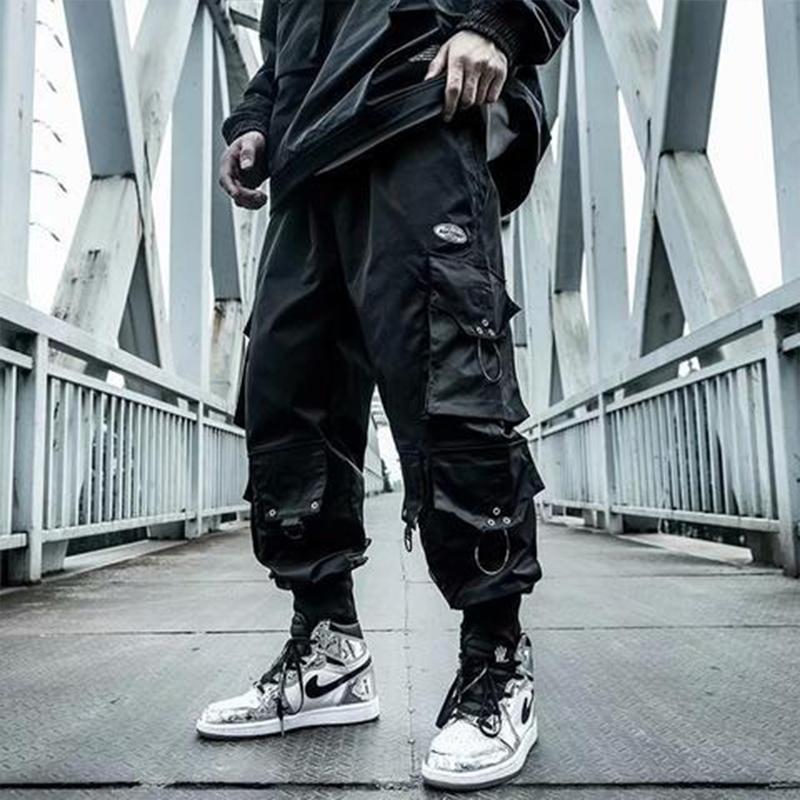 

Harajuku Paratrooper Pants Men's Clothes Loose Tactical Hip Hop Drawstring Cargo Multi-Pocket Overalls Techwear Casual Trousers, Black pants