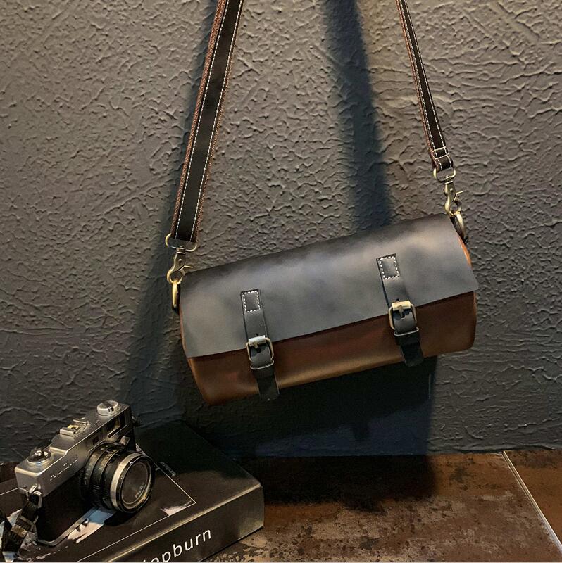 

Factory wholesale men handbag personalized trend woven bucket bag outdoor fashion rivet messenger bags retro crazy horse leather shoulder handbags, Black4