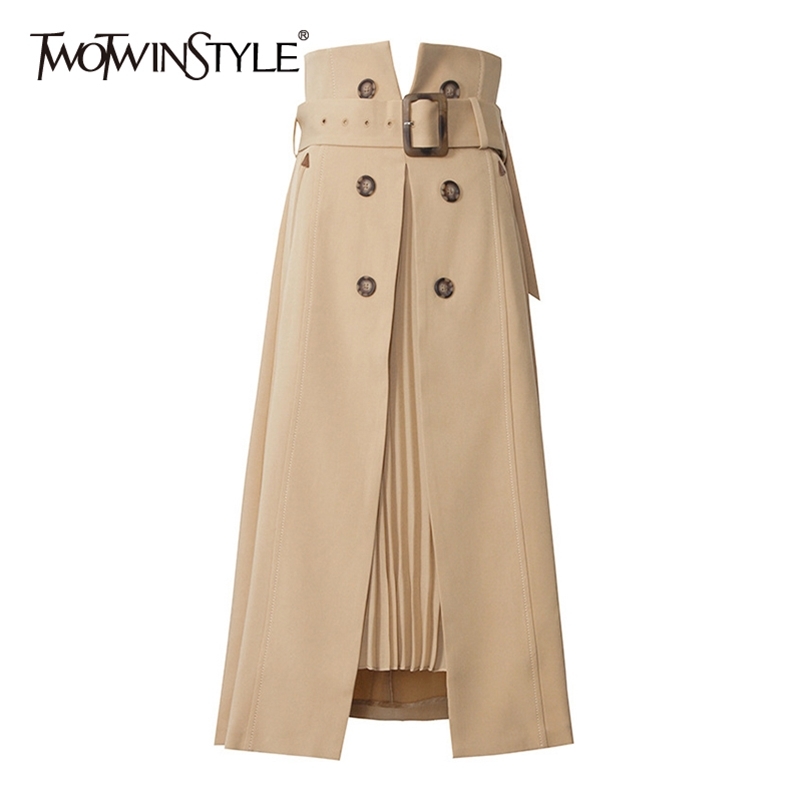 TWOTWINSTYLE Elegant Patchwork Pleated Split Women Skirts High Waist With Sashes Irregular Hem Casual A-Line Skirt Female Spring 210412Z