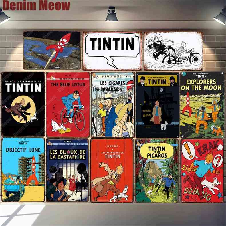 

Adventures of Tintin Cartoon Retro Tin Signs Metal Wall Art Poster Pub Cafe Home Decor Vintage Bar Decoration Kids Gift N291a