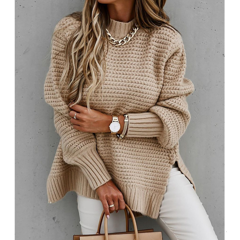 

Women's Sweaters Simple fashion semi-tall winter collar warm casual solid sweater loose side beige black slit female YX4V, 1# shoe box