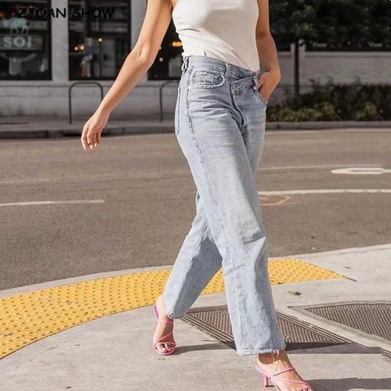 

Vintage High Cross Waist Mom Jeans Retro Ripped Jeans for Women Boyfriend Denim Pants High Street Long Trousers blue black 210616, Light blue