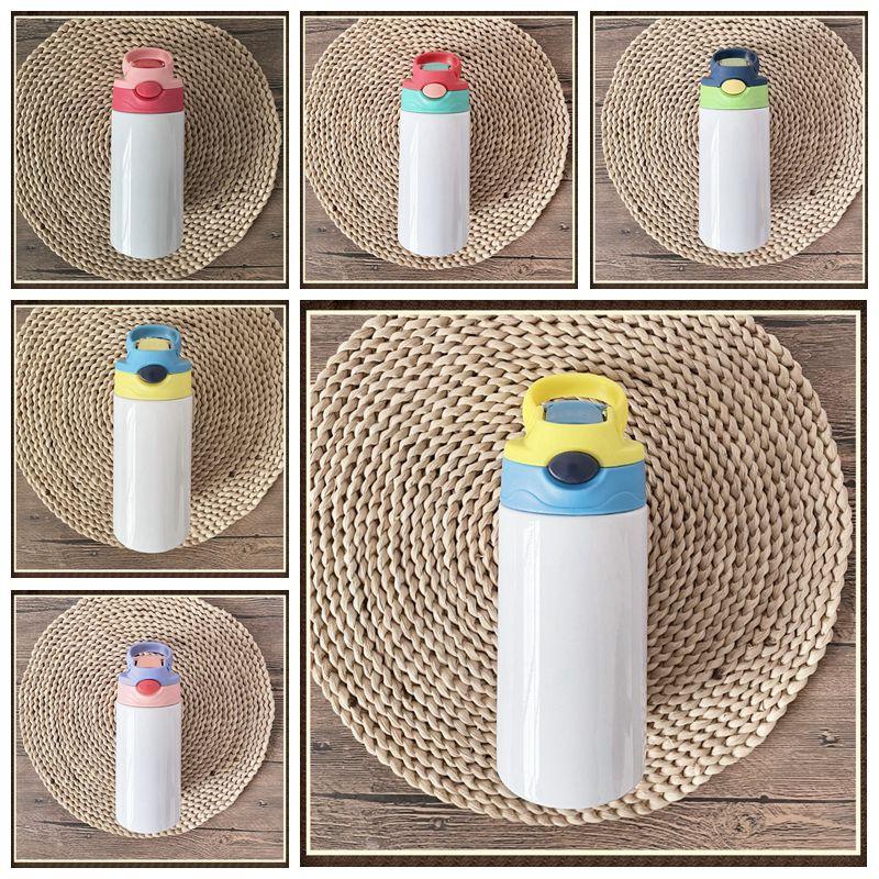 

12 Oz Kids Stainless Steel Sublimation Blanks Straight Tumbler Thermos Mugs Straw Cap Water Bottle Portable Sippy Cup Student Sports 6 colors JY0022, As picture