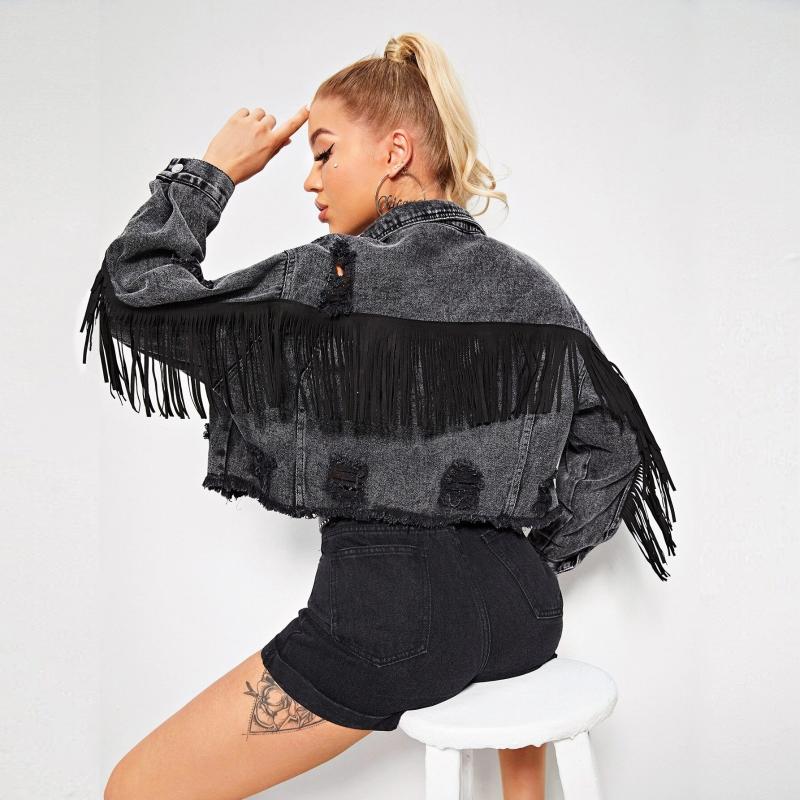 

Women's Jackets European And American Long-sleeved Denim Jacket Spring 2021 Old Hole Tassel, Black;brown