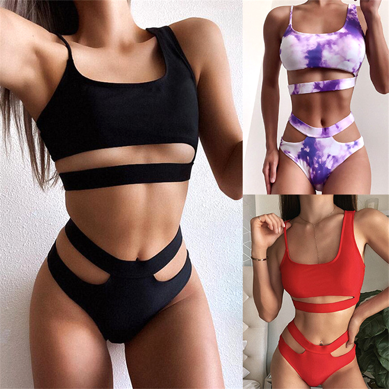 

Trendy Blooming Color Bikini Summer Beach Surf Swimwears Irregular Straps Bathing Suit Elastic Push Up Swimsuit, Black