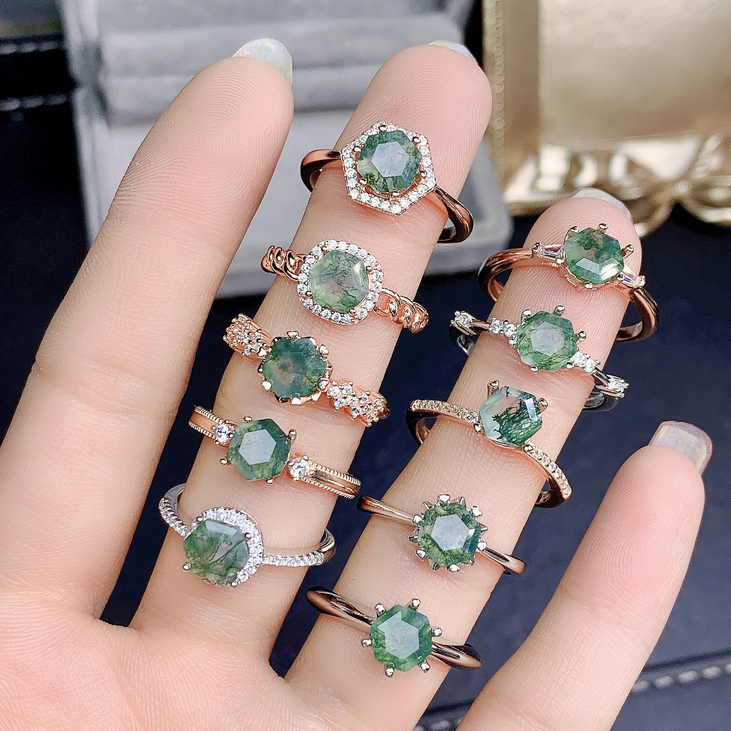 

Hexagon Cut Natural Green Moss Agate Ring In 925 Silver Engagement Wedding Adjustable Rings For Gift