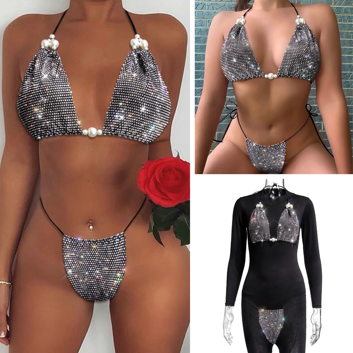 

In Stock Women Sexy Lingerie Set Sexy Hot Drill Tube Top Rhinestone Pearl Split Triangle Bikini Underwear Set, White ab
