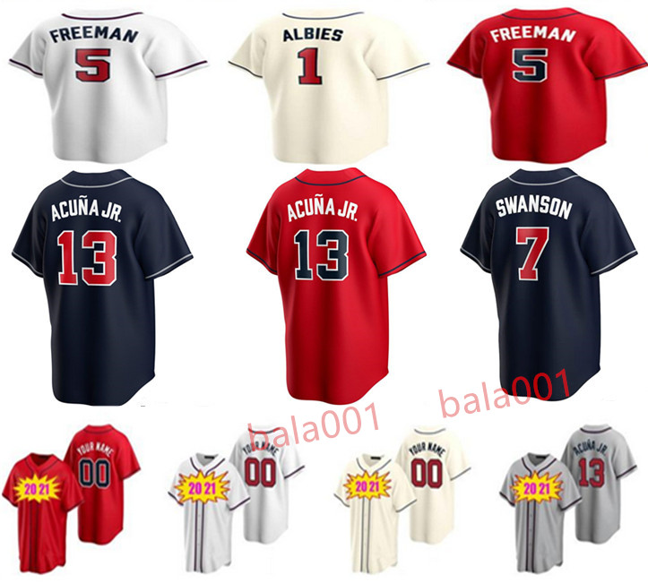 

Baseball Jersey Freddie 5 Freeman Dansby 7 Swanson Ronald 13 Acuna Jr. white red blue all Stitched, Blue;black