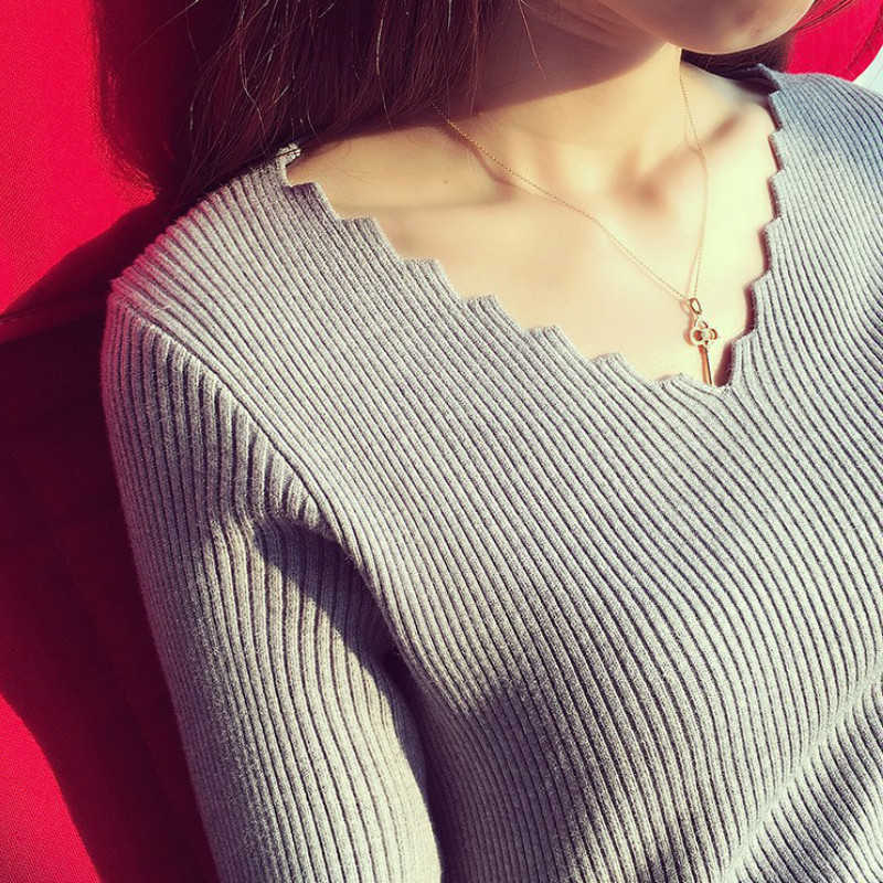

Winter base sweater fashion solid color stretch Slim V-neck warm long-sleeved pullover 210527