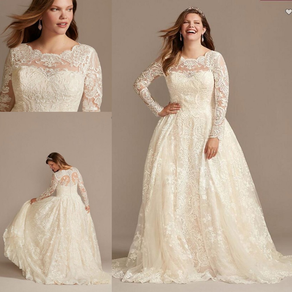 

Plus Size Wedding Dresses 2021 Luxury Beaded Lace Applique Folded Pleats Princess Long Sleeve Garden Wedding Gowns, Red