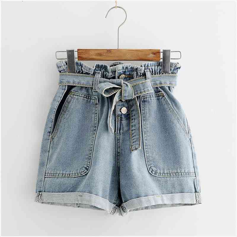 

Summer Fashion Elastic High Waist Denim Shorts Women Casual Sashes Wide Legs Shorts Slim Loose All-match Famale Mw410, White;black