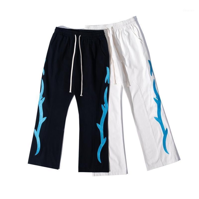 

Men's Pants 2021 Trend Casual Side Stripe Embroidery Flame Simple Straight All-match Loose Trousers Streetwear Men, Black