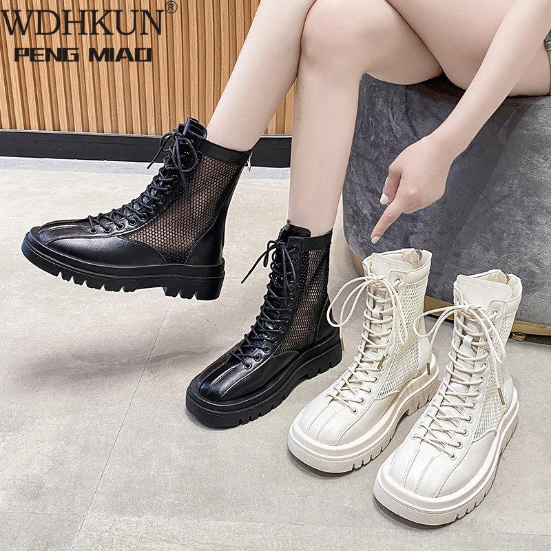 

Boots Fashion Women Back Zipper Platform Thick Bottom Breathable Mid Calf Summer Woman Round Toe Lace Up Shoes, Black