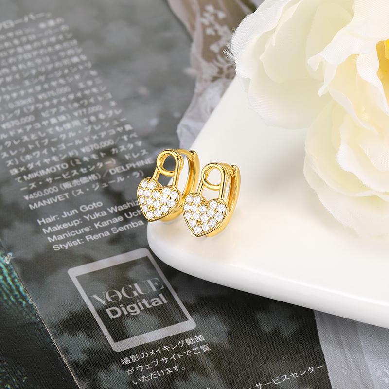 

stud fshion exquisite gold color heart lock zircon ear buckle earrings for women girl stainless steel classic boho party jewelry gift, Golden;silver