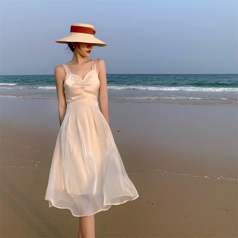 

Square neck elegant dress feminine suspender mid-length skirt summer and Korean fashion women's clothing 210520, Apricot
