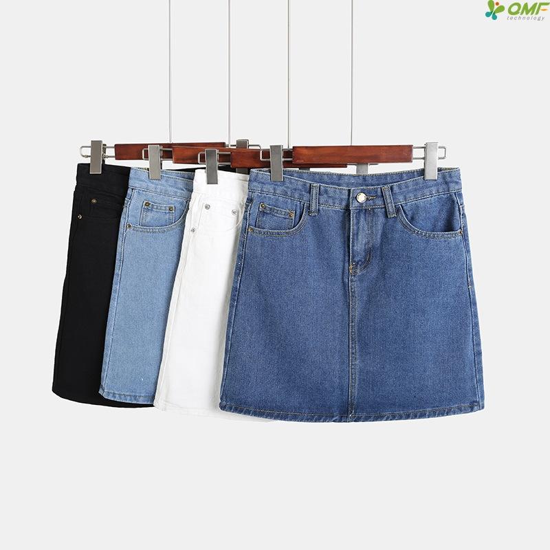 

Skirts 2021 A Line Korean Denim Miniskirts All Match Women Mini Skirt Pockets Blue Solid Jeans High Waist Casual Falda Mujer, Black