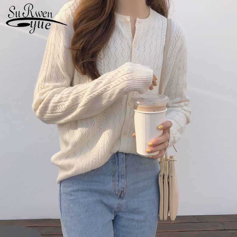 

O-Neck Knit Cardigans Autumn Winter Women Sweater Cardigans Long Sleeve Vintage Sweater Women Jumpers Hollow Korean Style 10919 210527, Creamy white