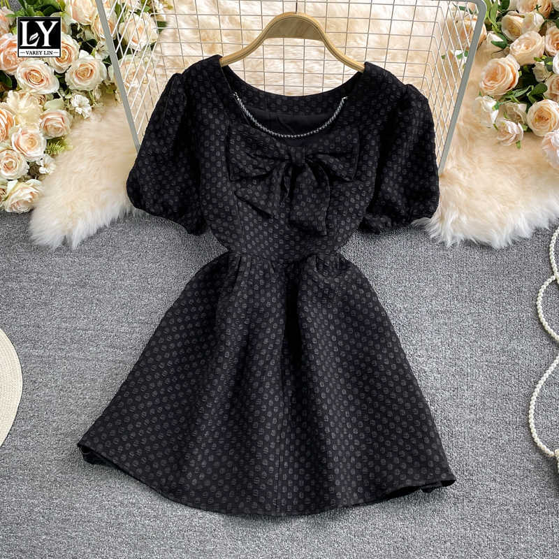 

LY VAREY LIN Summer Women Elegant O-neck Puff Sleeve Dresses Sweet Bow Solid Color High Waist A-line Female 210526, Black