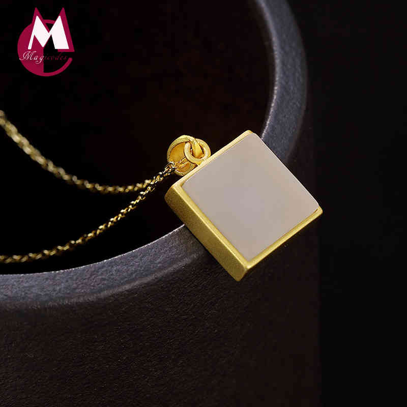 

2019 Mosaic natural stone Jade Amulet best friend Necklace Pendant 100% 925 Sterling Silver Women initial Neckalce Jewelry R03