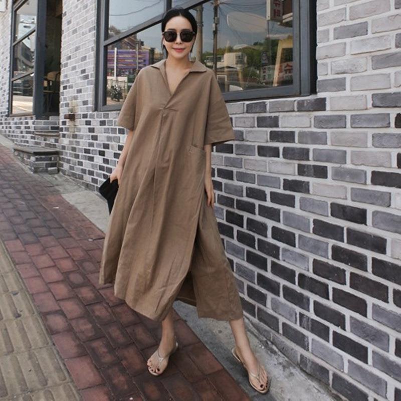 

summer women dresses cotton linen v neck plus size short sleeve korean vintage solid color loose pockets 4 colors dress, Black;gray