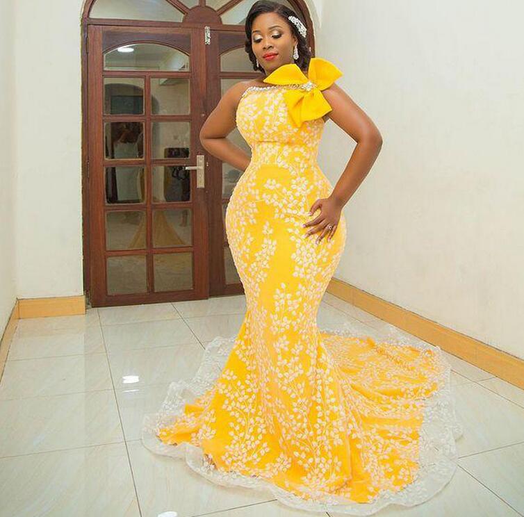 

Arabic Aso Ebi Lace Prom Dresses Long One Shoulder Memraid Evening Gowns Plus Size Black Girls African Vestidos, Gold