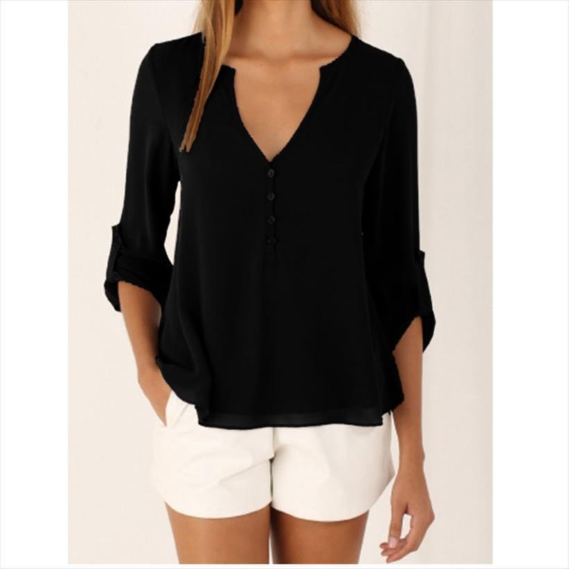 

summer autumn casual womens shirts v neck chiffon and long sleeve black white ladies shirt