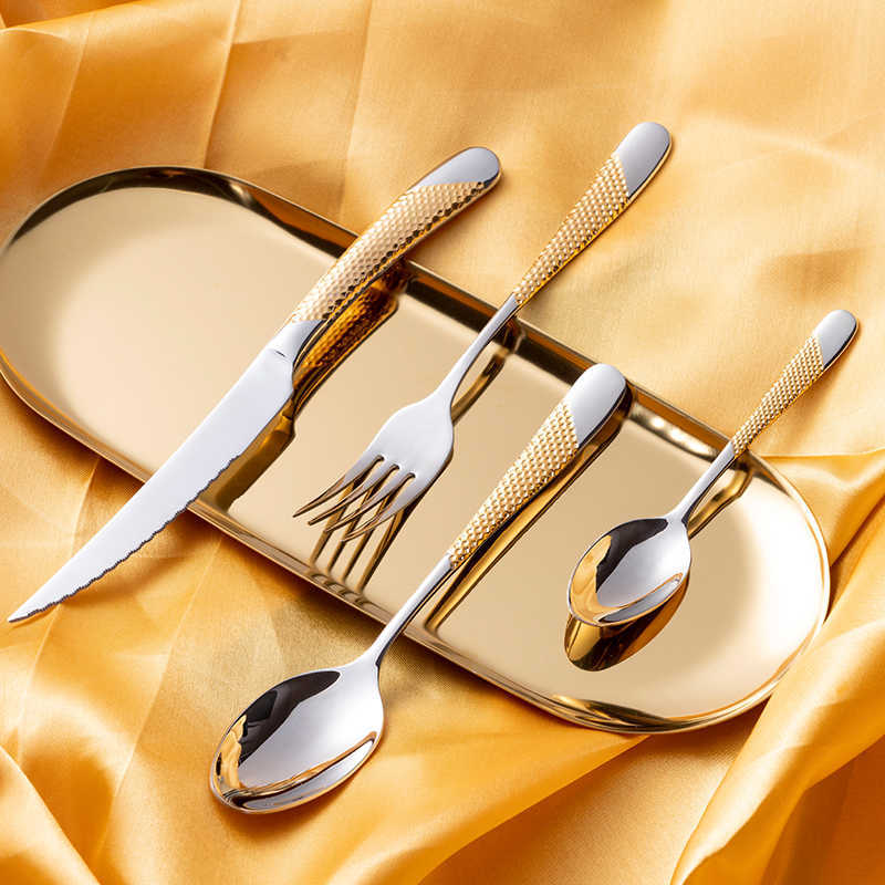 

24Pcs KuBac Hommi Gold Plated Stainless Steel Dinnerware Set Dinner Knife Fork Cutlery Service For 4 Drop 210709