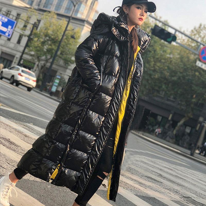 

Warm Parka Winter Women Glossy Down Cotton Jacket Long Hooded Thicker Coat Female Full Sleeve Streetwear Outwear Ss391, Black