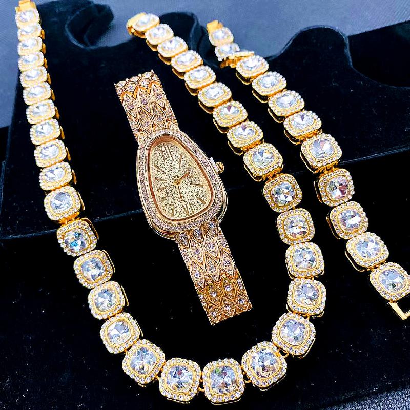 

Wristwatches 3pcs Luxury Iced Out Watches For Women Gold Watch Snake Sliver Chains Bracelet Necklace Choker Bling Jewelry Set, Slivery;brown