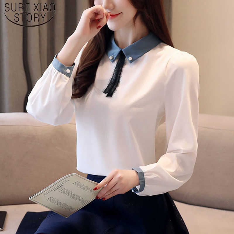 

Spring Autumn White Chiffon Bow Slim Women Shirts Female Long Sleeve Korean Solid Women Blouses and Tops Casual 6565 50 210527