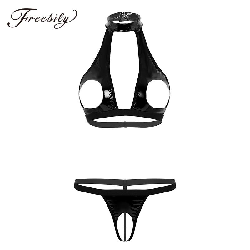 

Bras Sets Womens Erotic Lingerie Set Wetlook Faux Leather Hollow Out Bust Open Bra Top With Crotchless Briefs T-Back Sexy Femme Underwear, Black