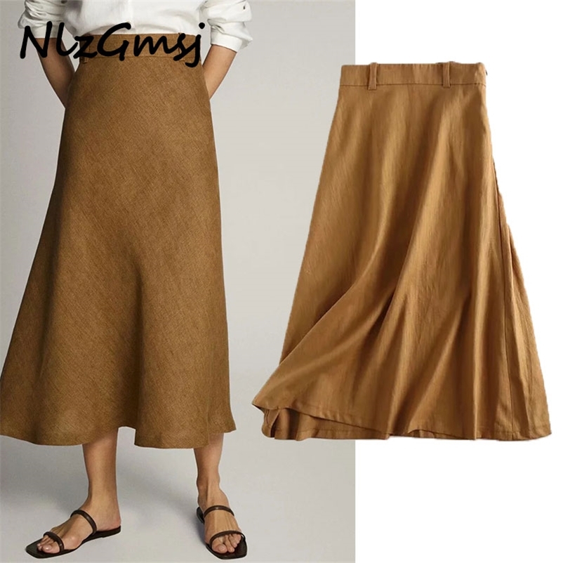 

skirt women england office lady indie folk simple linen high waist midi faldas mujer moda long skirts 210628, Photo color