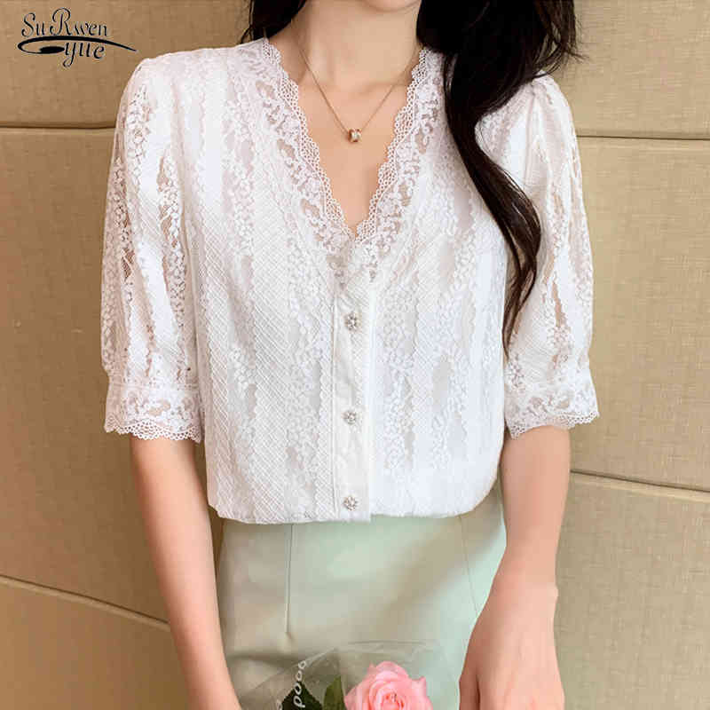 

Summer Vintage Short Sleeve Women' Shirt V-neck Solid Ladies Tops Korean Chic Crochet Lace Chiffon Blouse Women 14079 210521, White