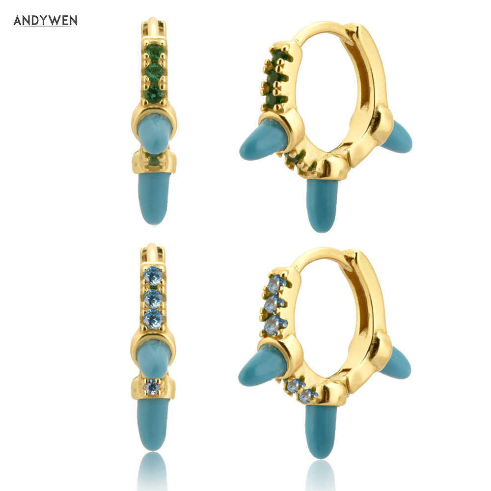 

ANDYWEN 925 Sterling Silver Gold 8.9mm Turquoises Spike Hoops Circle Zircon Pave Fine Jewelry For Women Fashion 210608