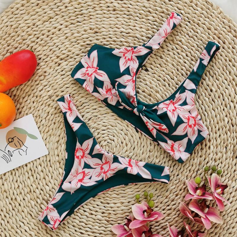 

Women' Swimwear 2021 Women Bikinis Set Low Waist Floral Print Front Knotted Printing Summer Beach Double-Sided Sexy Split Swimsuit, Blue pink flower