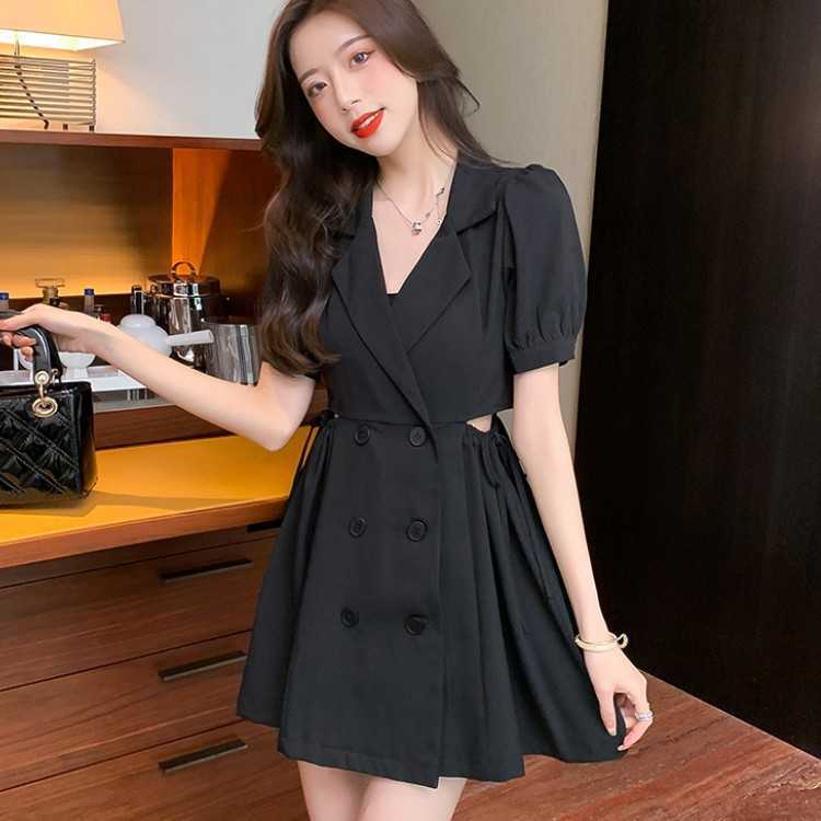 

Summer Dress Women Casual Double Breasted Notched Collar Mini Lady Sexy Hollow Waist Girls Black Vestidos 210526, White