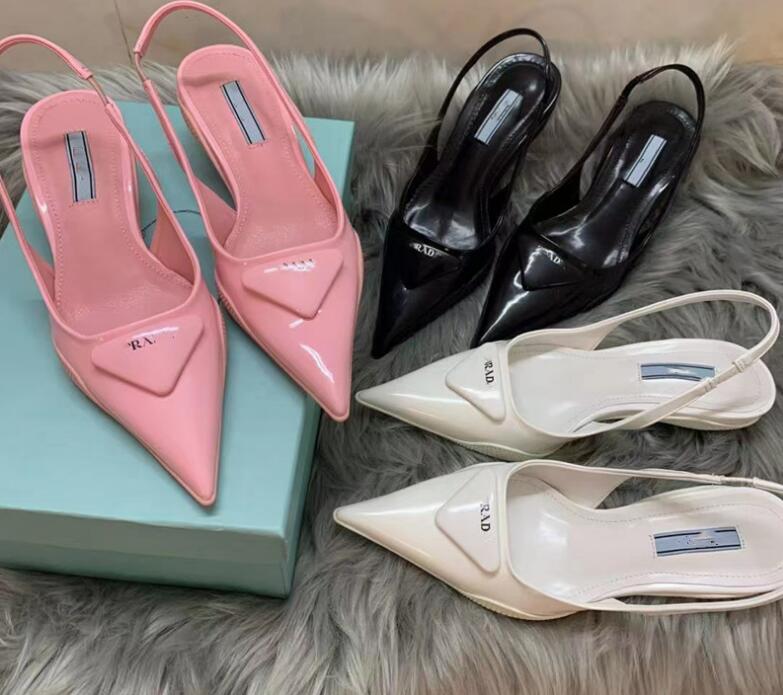 

2021 French Triangle letter pointed cat heel sandals high heeled shoes fashion women back empty Baotou slippers shoe, Black