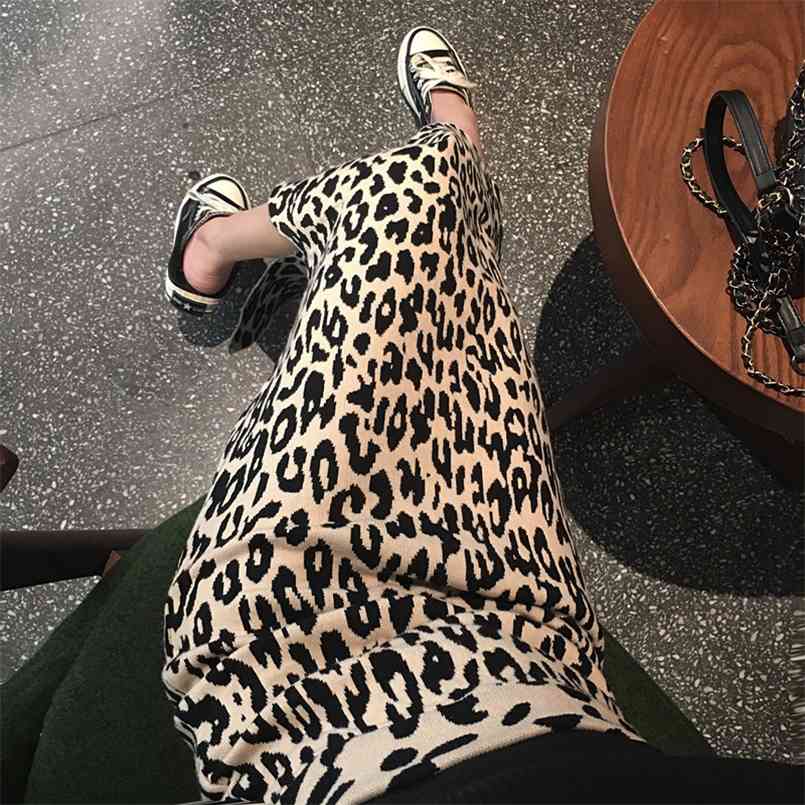 

early spring long slit knitted leopard skirt women high waist 210708, Khaki