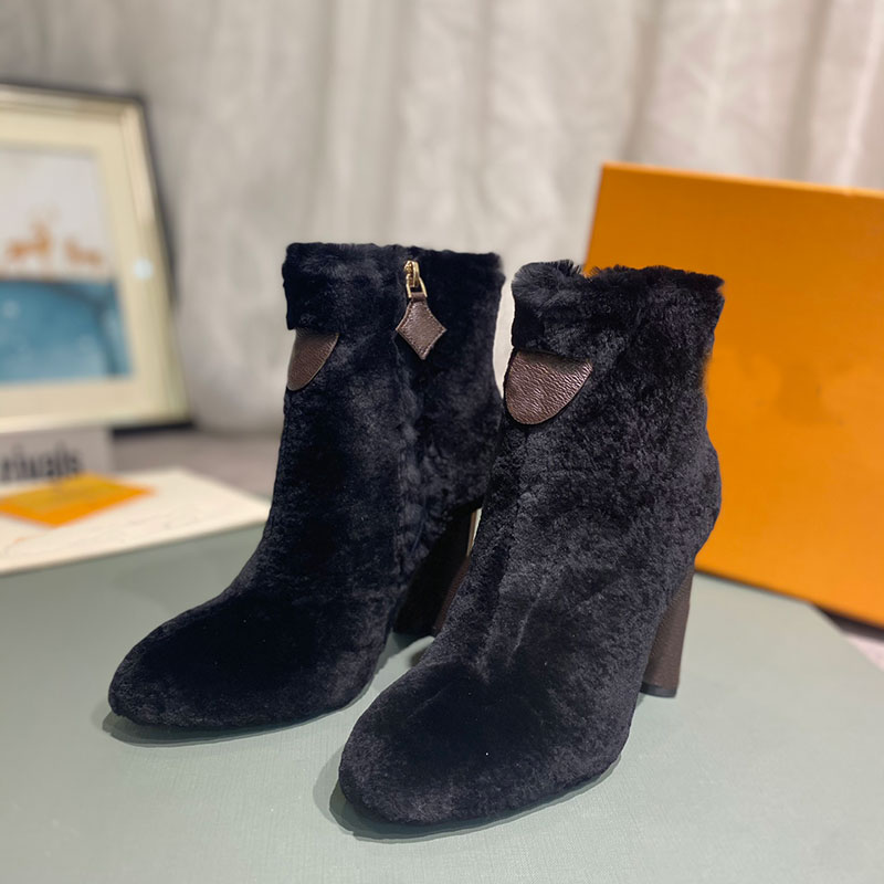 

2022 latest womens ankle boots brand designer wool real leather winter high heels warm shoes, Black