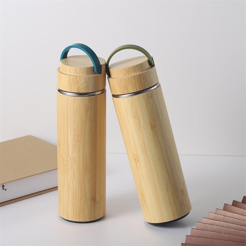 

Bamboo Vacuum Insulated Water Bottles 450ml Stainless Steel Thermos with Tea Strainer for Office LLE12692, As picture
