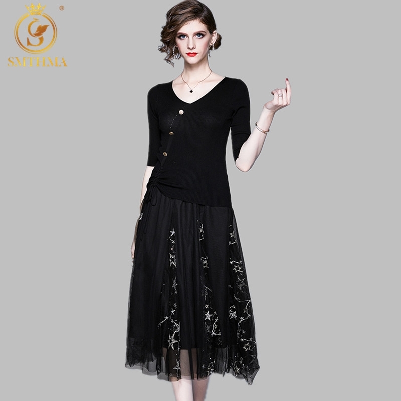 

Two Piece Set Women Black Knitted Sweater And Embroidery Gauze Pleated Skirt Sets Suits Ladies Female Casual Office 2 210520, Photo color