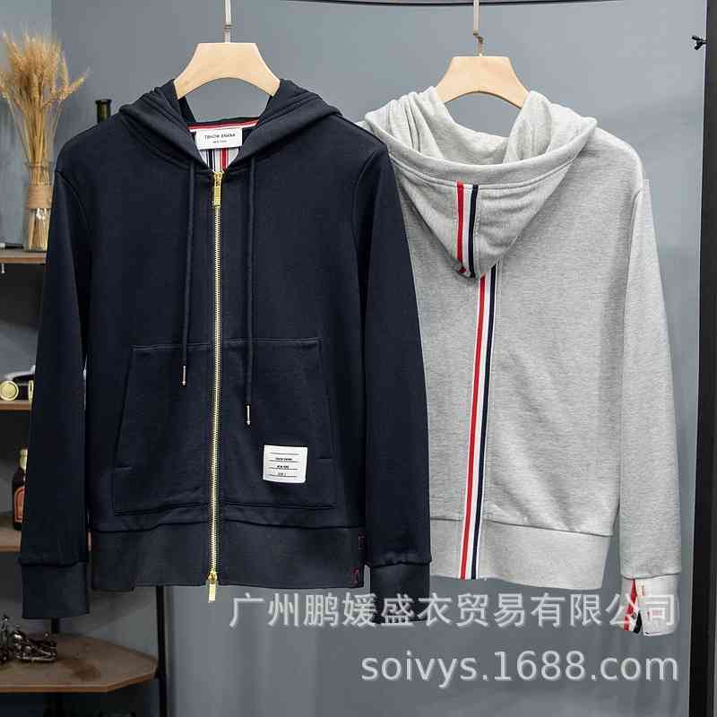 

American single TB Tom collage ribbon hooded zipper Terry sweater for men, Black
