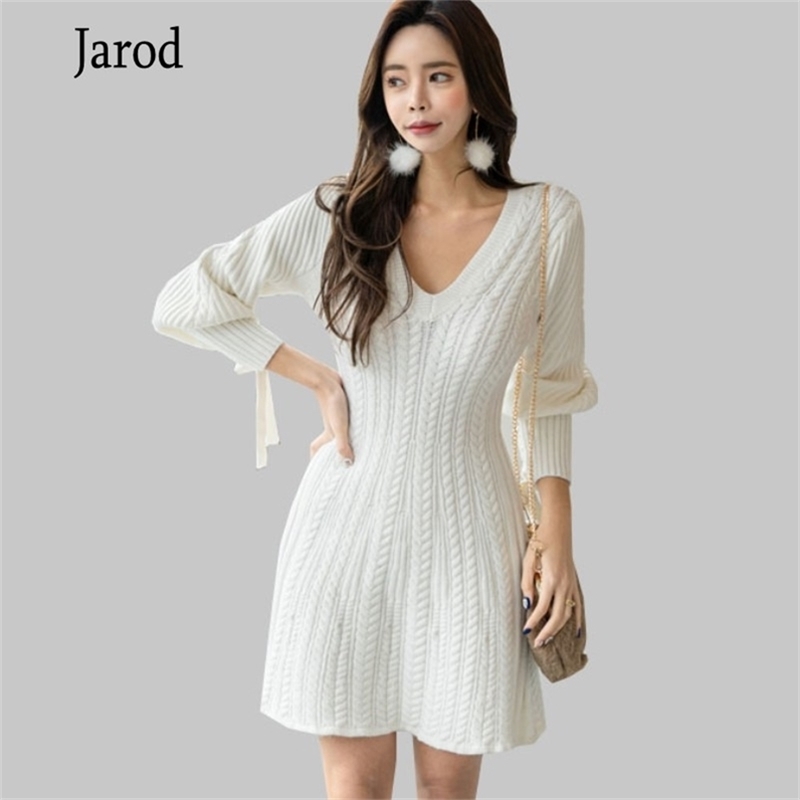 

Korea Women white Knitted Dress Vestidos spring Lantern Sleeve V-Neck Sweater Elegant Elastic Mini es 210519, Picture color