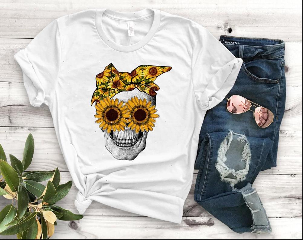 

women t shirt sunflower bandana skull print short sleeve o neck loose ladies, White
