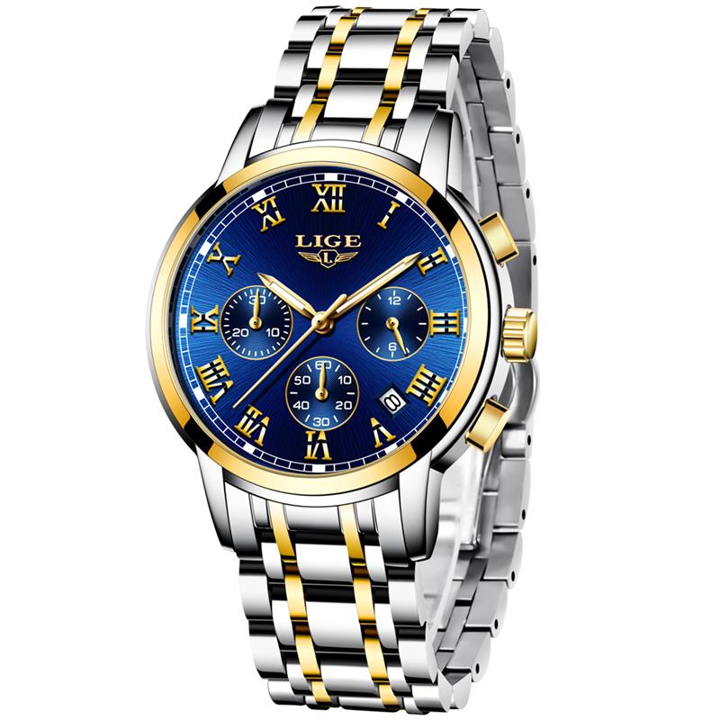 

Wristwatches Watch Men 2021 LIGE Fashion Chronograph Male Sport Clock Waterproof All Steel Quartz Mens Watches Relogio Masculin, Gold black l