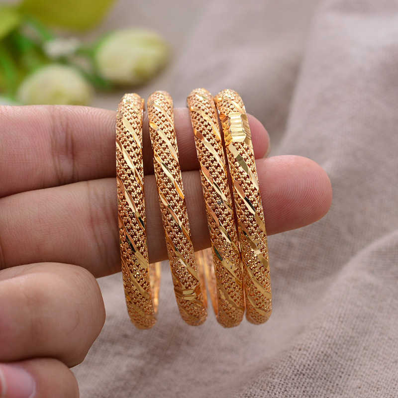 

24k 4pcs/lot Dubai Gold Color Children's Bracelet 3-6 Years Boys Girls Kids Birthday Gift Bracelet Small Bangle Gold Plated Q0720