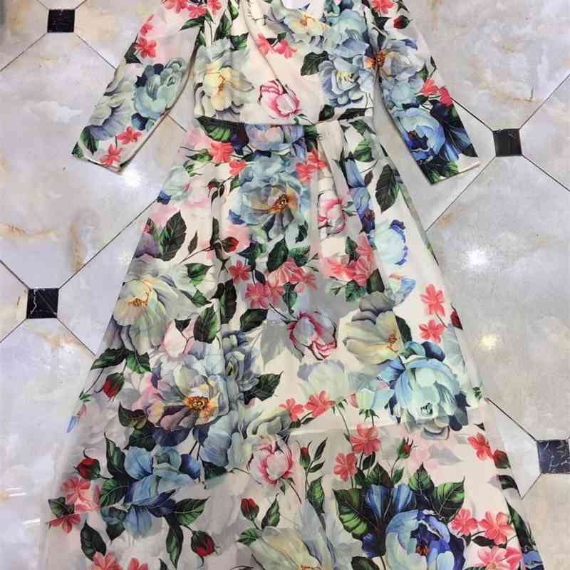 

Truevoker Female Charming Picnic Dres Full Sleeve V-neck Fancy Flower Print Midi Long Vocation Robe Mujer Vestido 210602, Sky blue